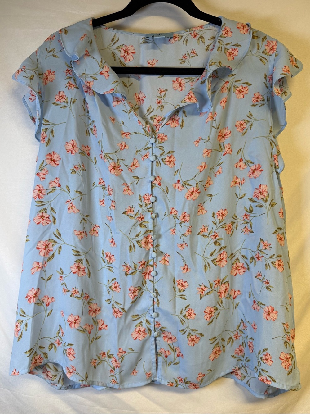 CeCe Light Blue Floral Ruffle Button-Front Blouse